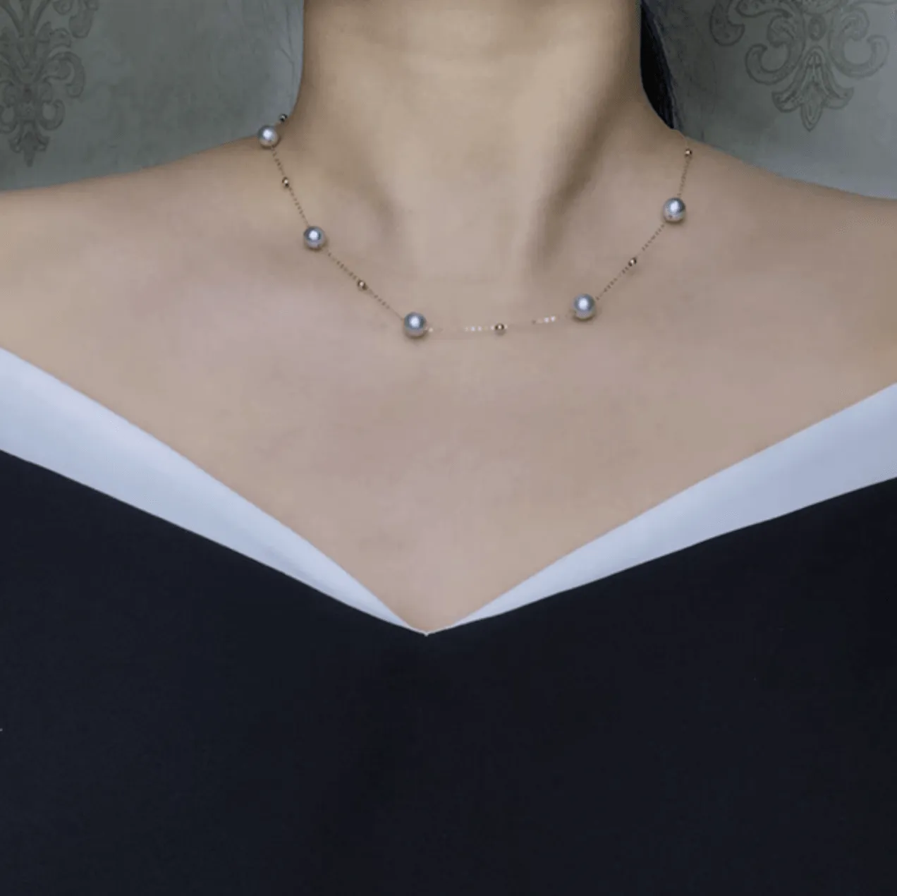 Celestial Blue Grey Akoya Pearl Necklace 18K Gold