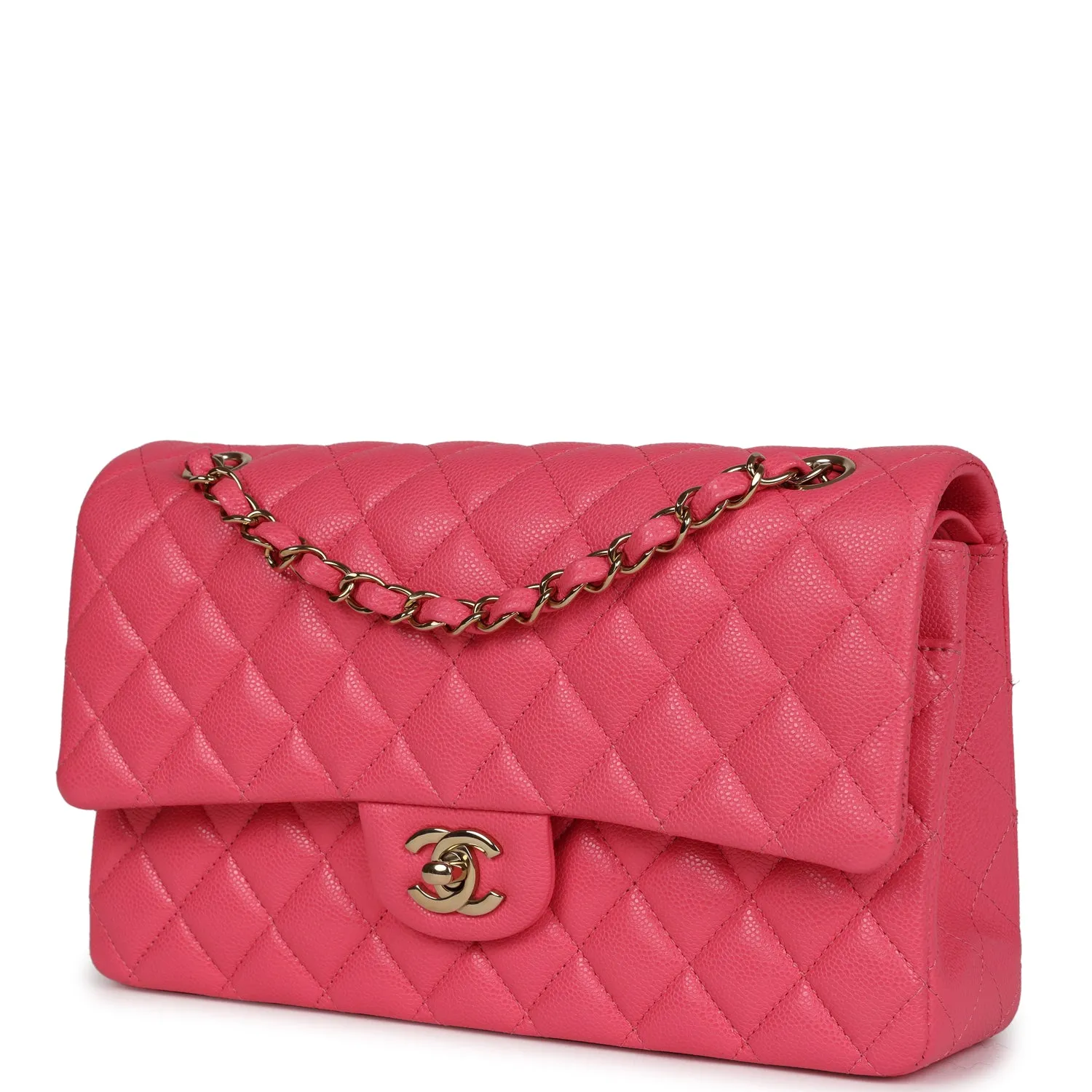 Chanel Medium Classic Double Flap Bag Hot Pink Shiny Caviar Gold Hardware