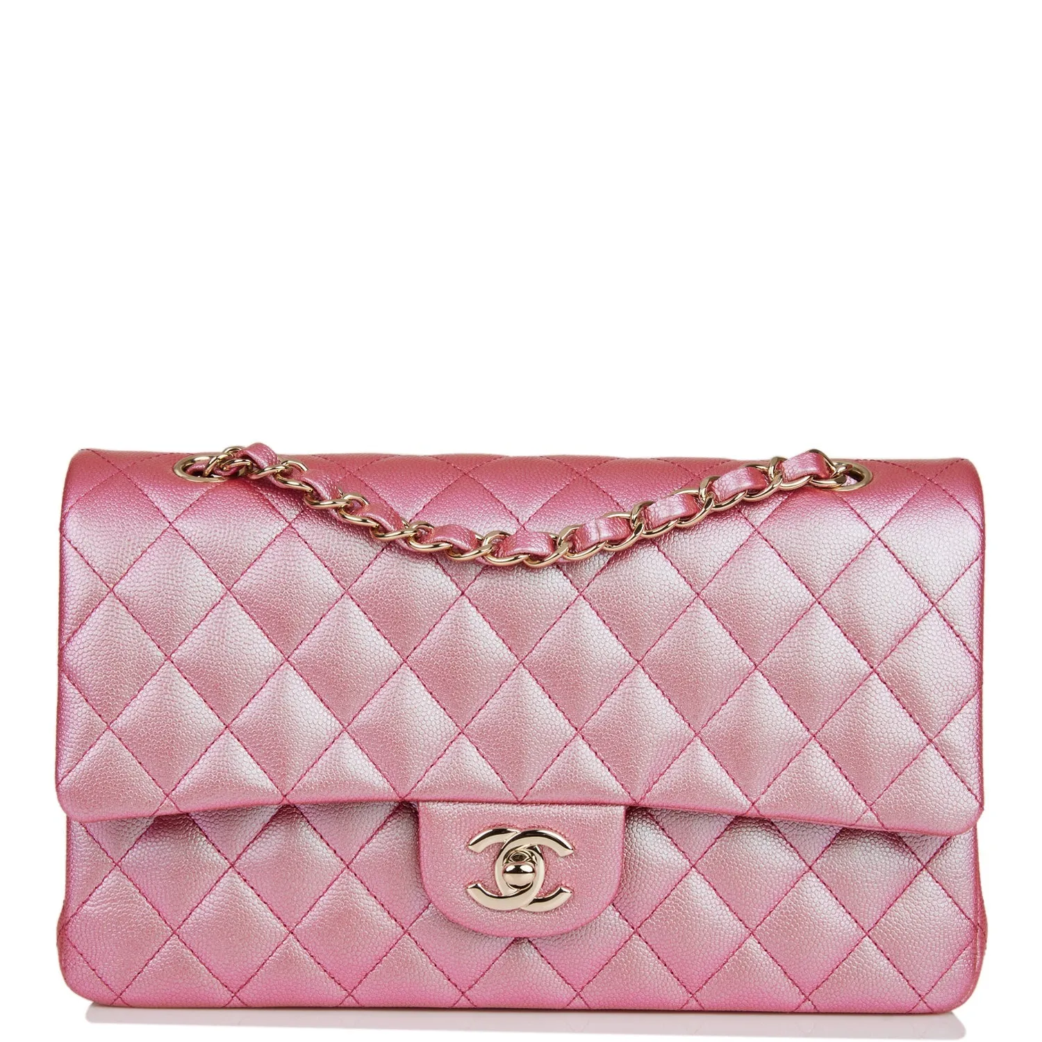 Chanel Medium Classic Double Flap Bag Rose Iridescent Caviar Light Gold Hardware