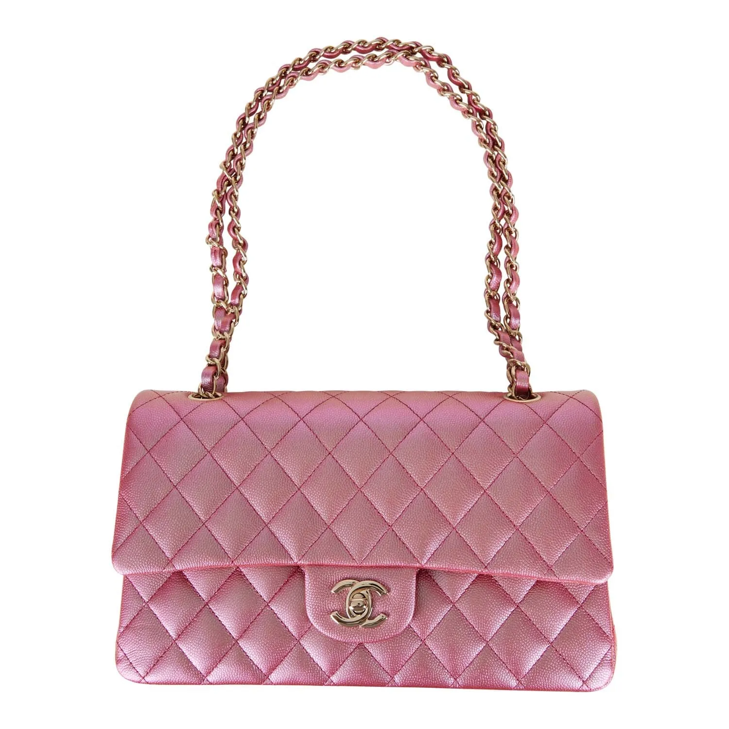 Chanel Medium Classic Double Flap Bag Rose Iridescent Caviar Light Gold Hardware