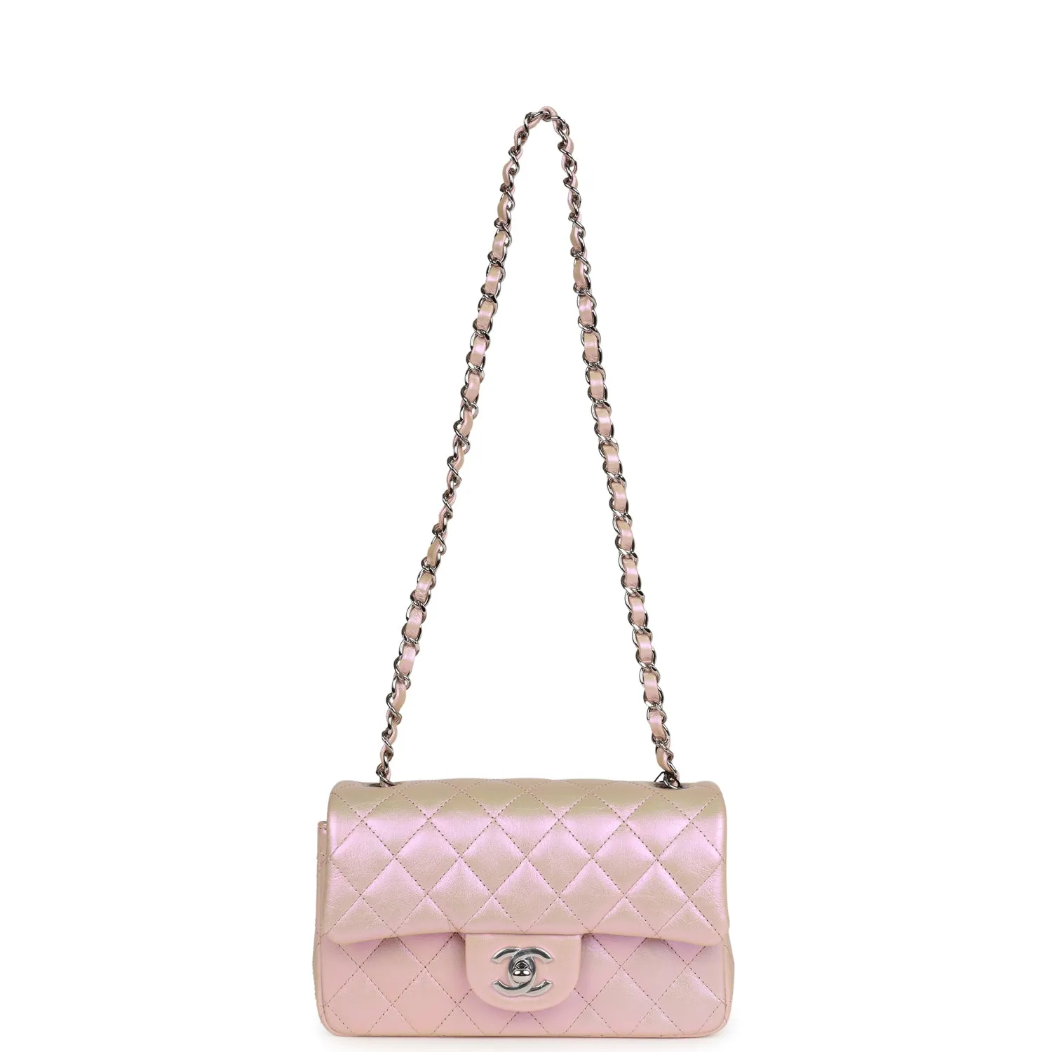 Chanel Mini Rectangular Flap Bag Pink Iridescent Calfskin Silver Hardware