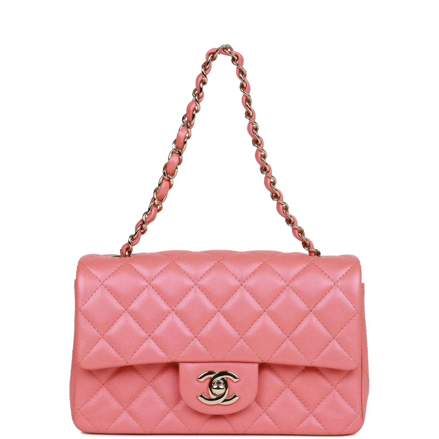 Chanel Mini Rectangular Flap Bag Pink Iridescent Lambskin Light Gold Hardware