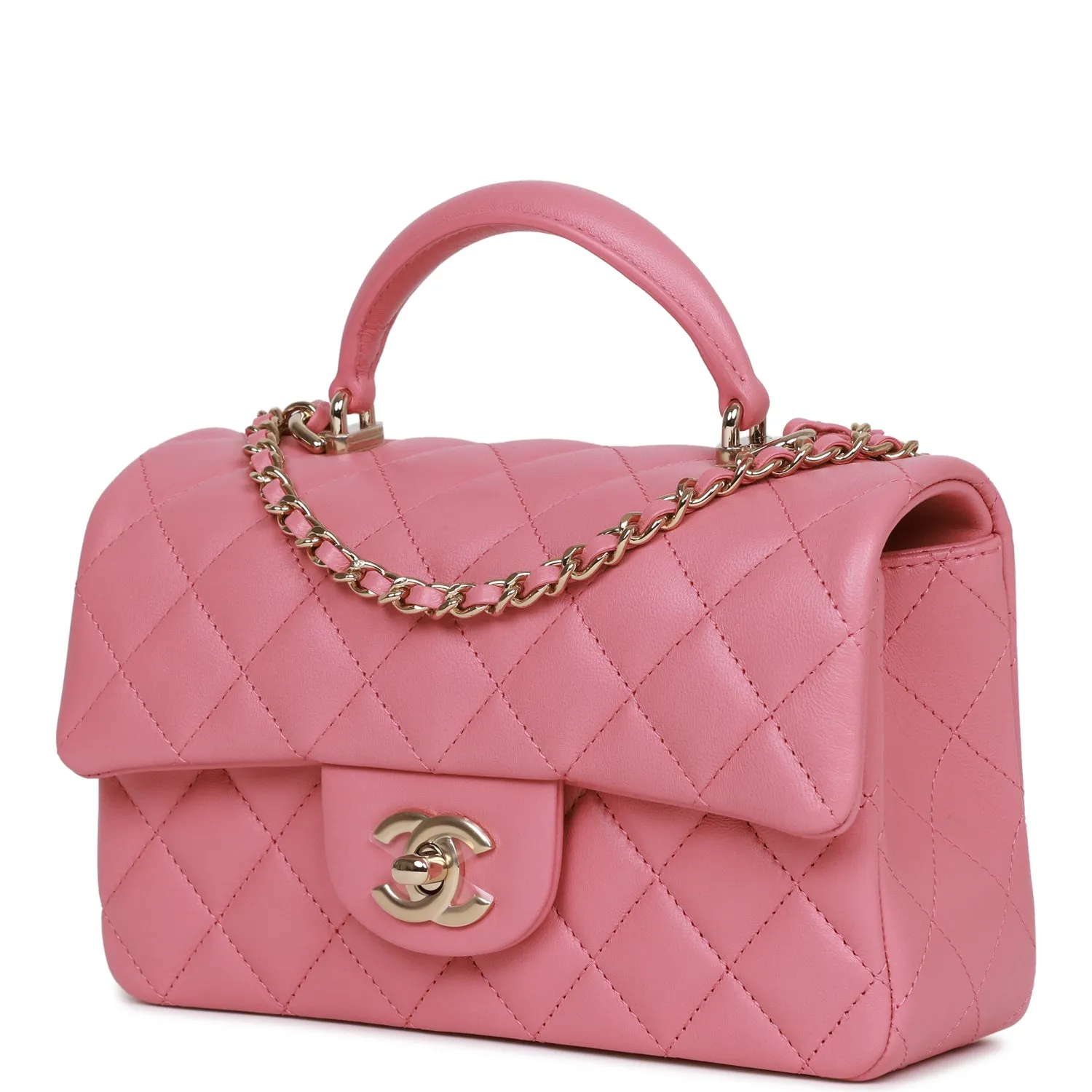 Chanel Mini Rectangular Flap Bag with Top Handle Pink Lambskin Light Gold Hardware