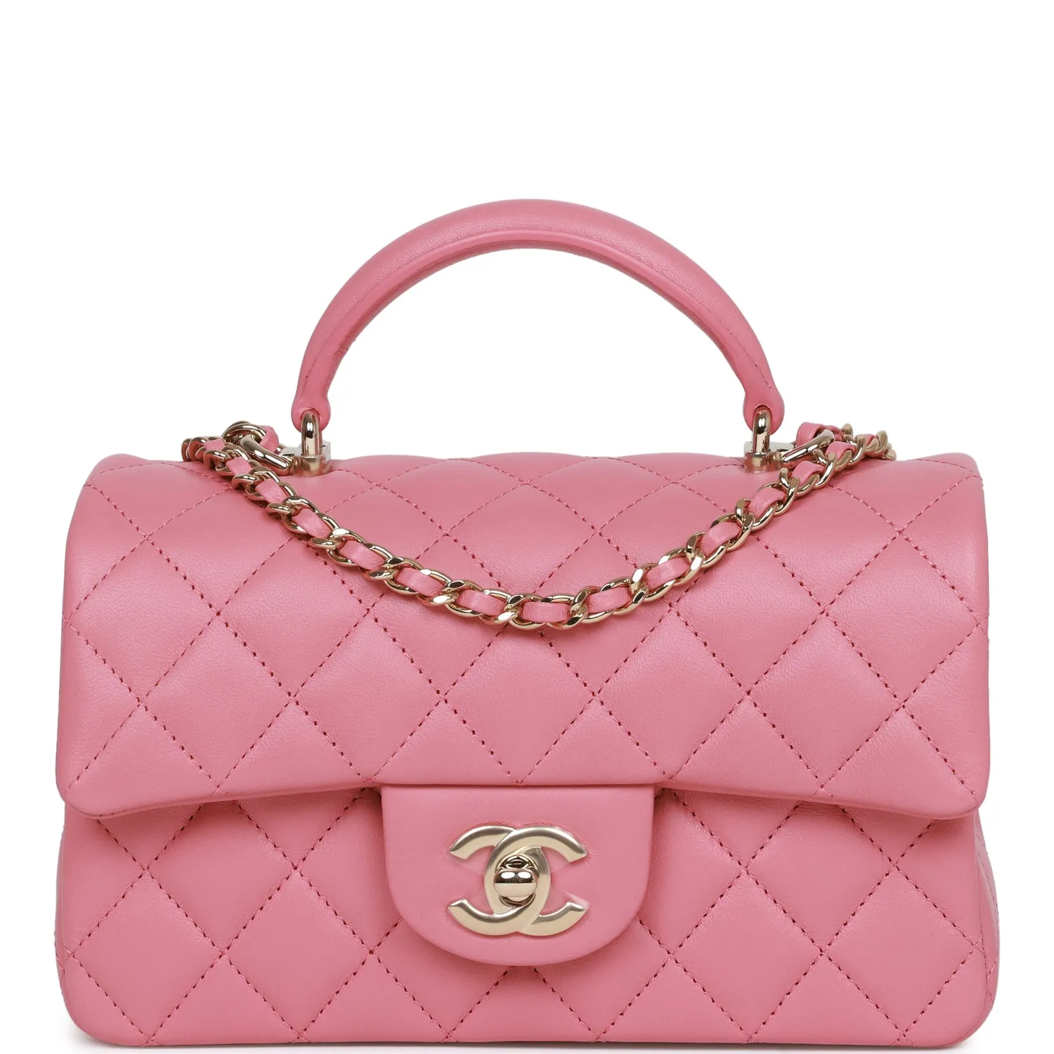 Chanel Mini Rectangular Flap Bag with Top Handle Pink Lambskin Light Gold Hardware