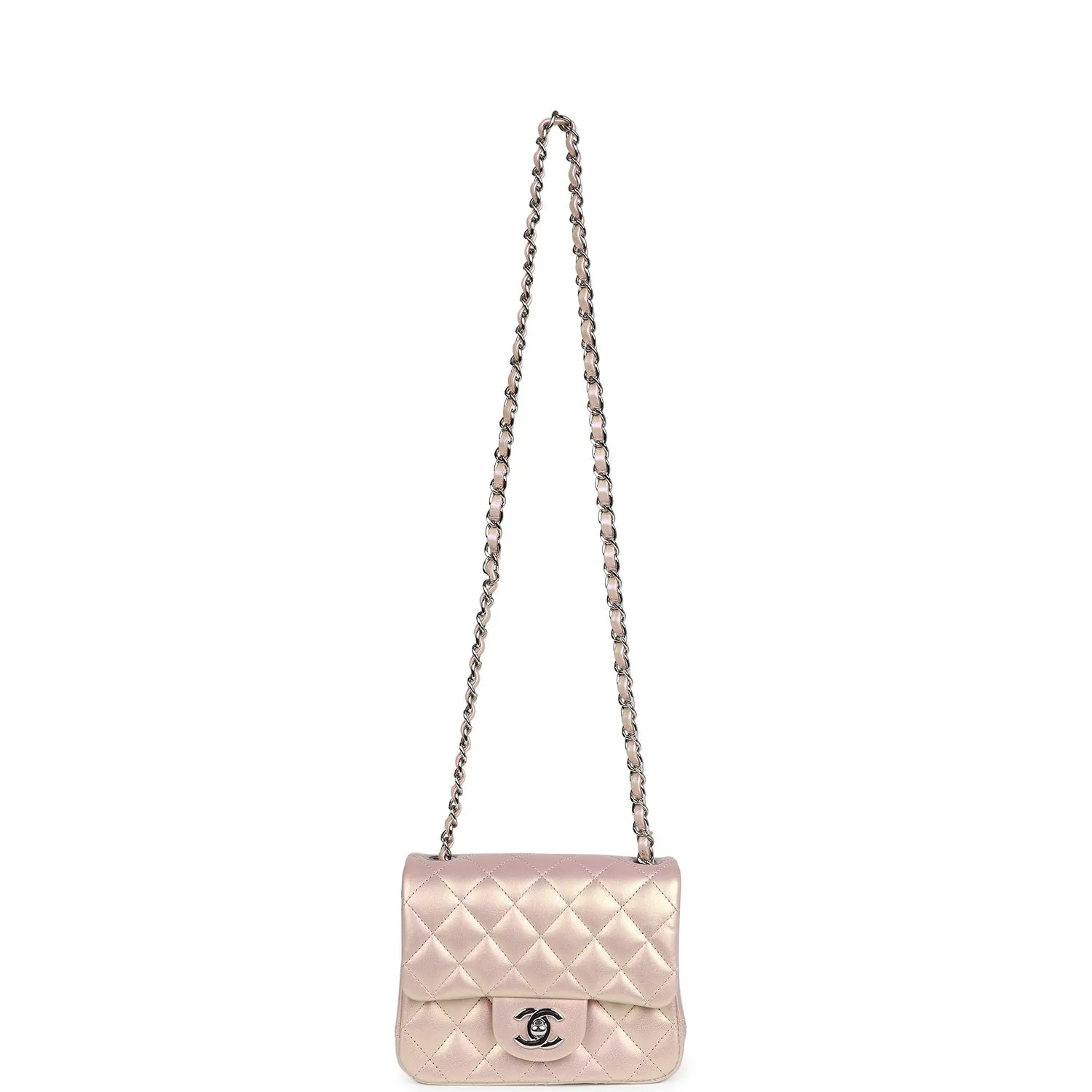 Chanel Mini Square Flap Pink Iridescent Lambskin Silver Hardware