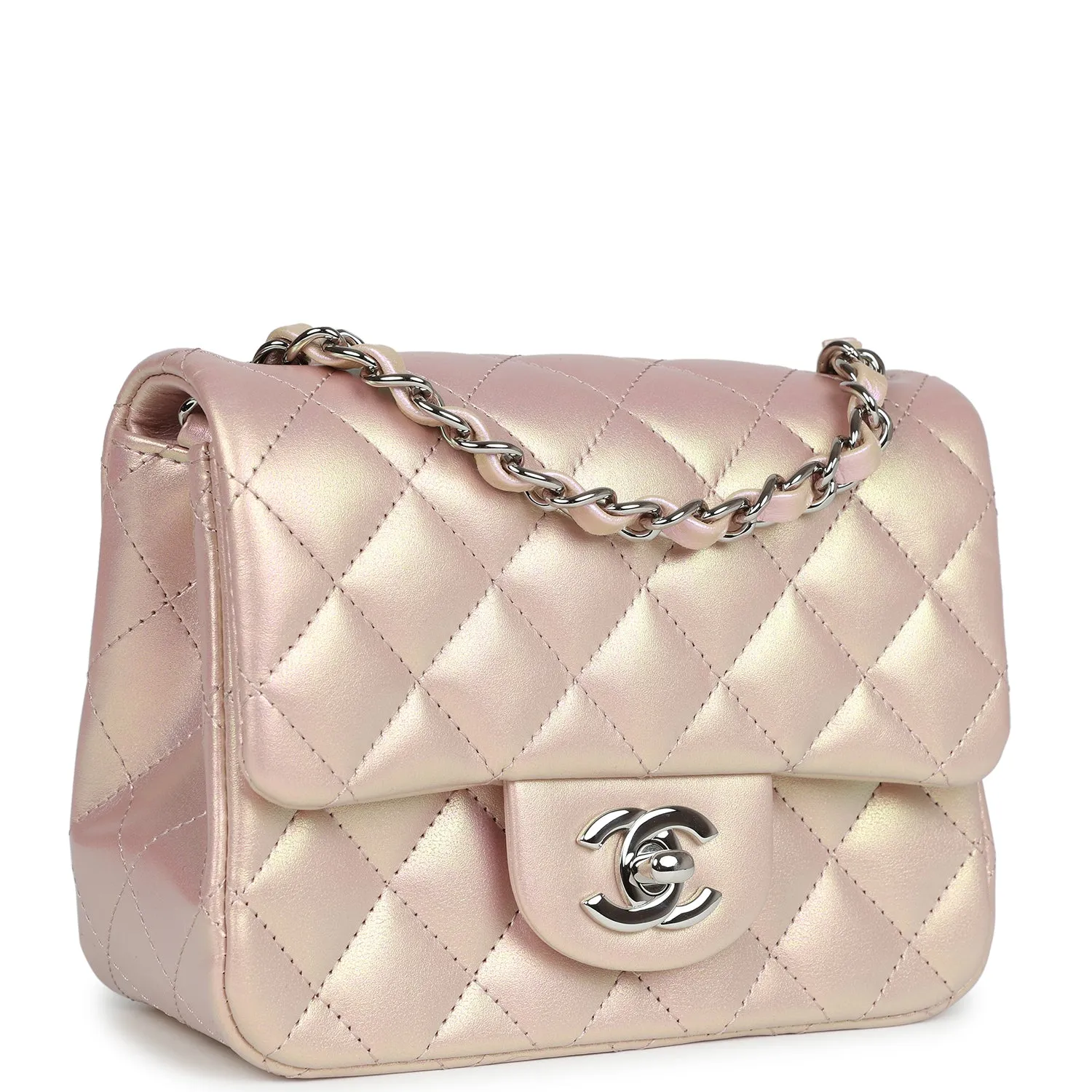 Chanel Mini Square Flap Pink Iridescent Lambskin Silver Hardware