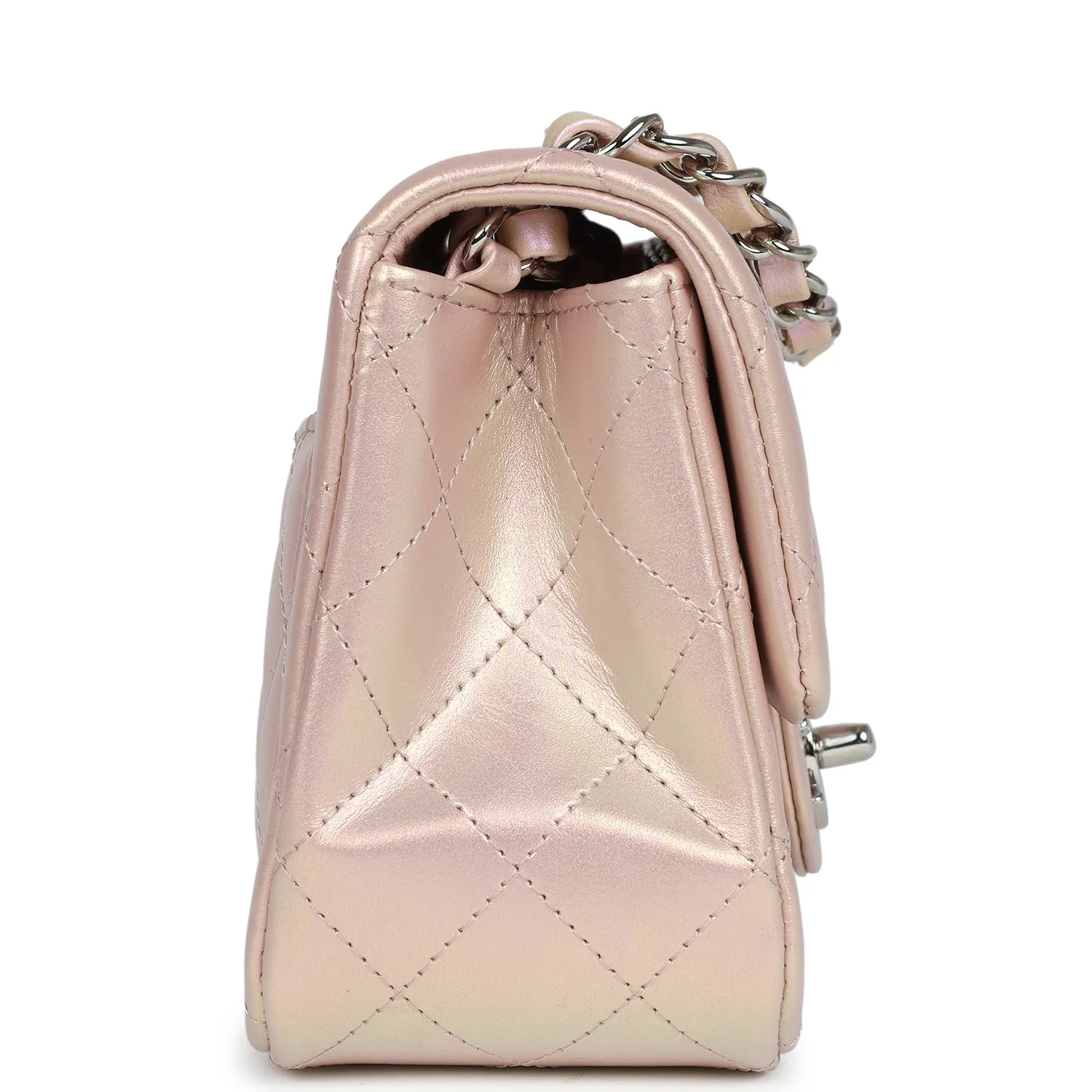 Chanel Mini Square Flap Pink Iridescent Lambskin Silver Hardware