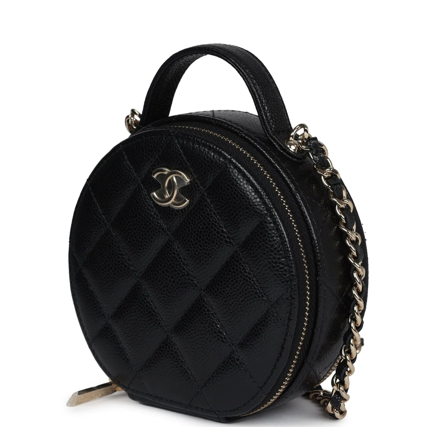 Chanel Mini Top Handle Round Vanity Bag Black Caviar Gold Hardware