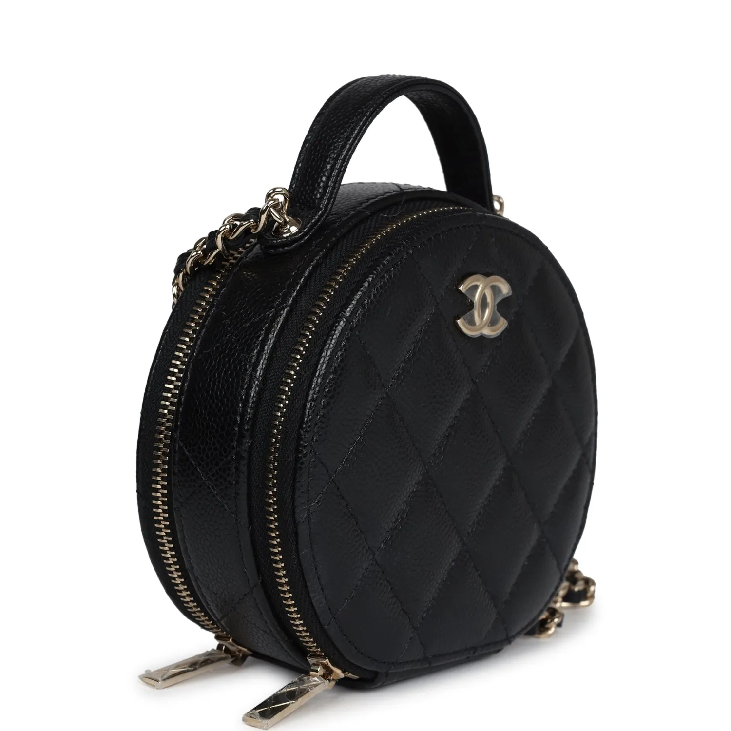 Chanel Mini Top Handle Round Vanity Bag Black Caviar Gold Hardware