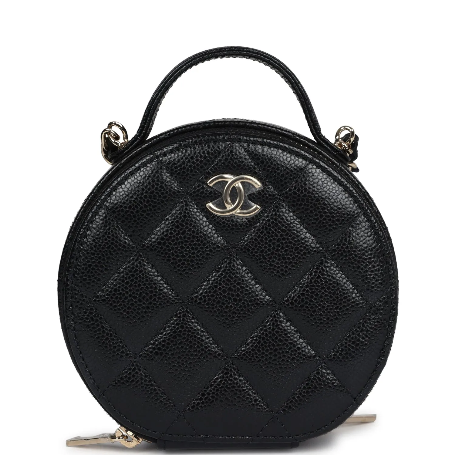 Chanel Mini Top Handle Round Vanity Bag Black Caviar Gold Hardware