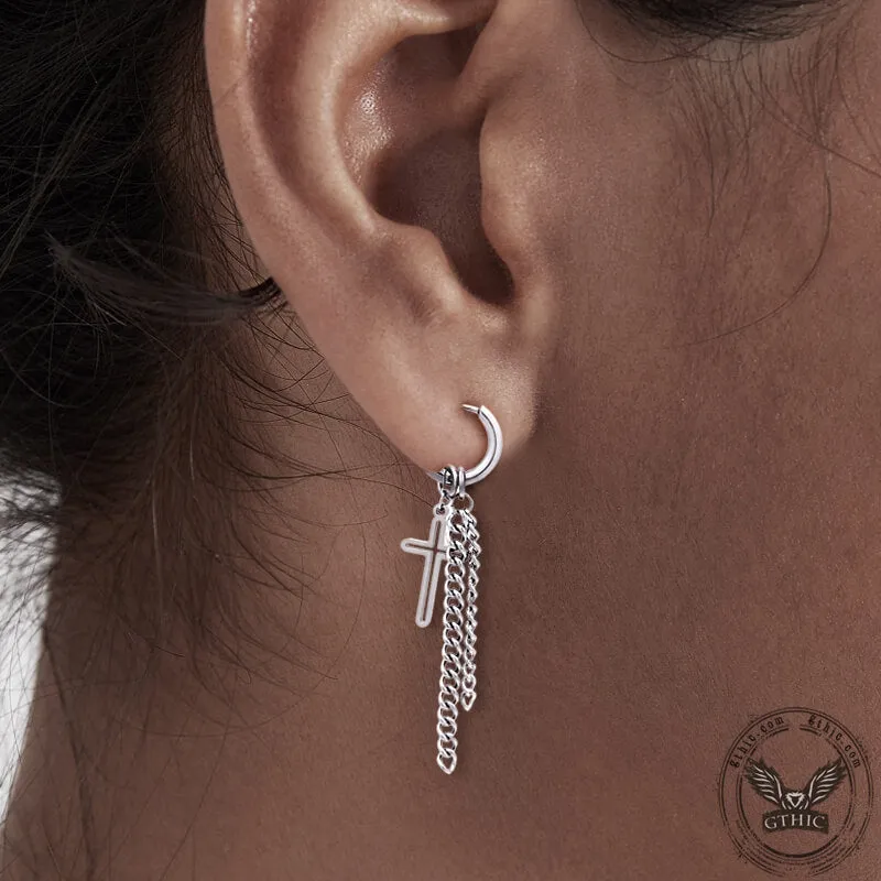 Cross Chain Tassel Stainless Steel Hoop Earring