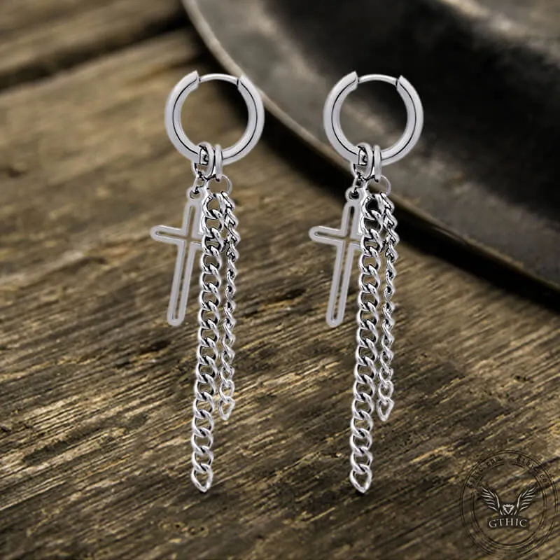 Cross Chain Tassel Stainless Steel Hoop Earring