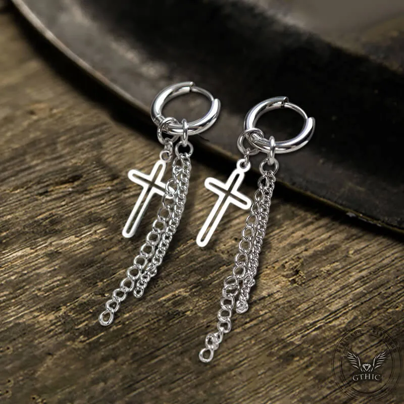 Cross Chain Tassel Stainless Steel Hoop Earring