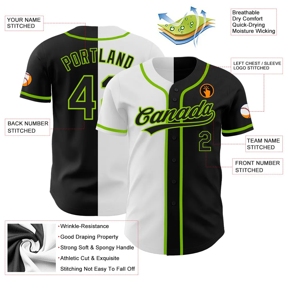 Custom Black Black White-Neon Green Authentic Split Fashion Baseball Jersey