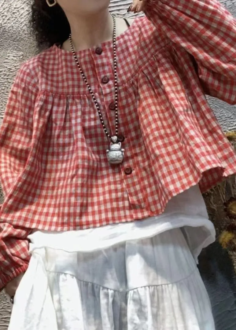 Cute Red Plaid O-Neck Button Cotton Shirt Top Long Sleeve BV015