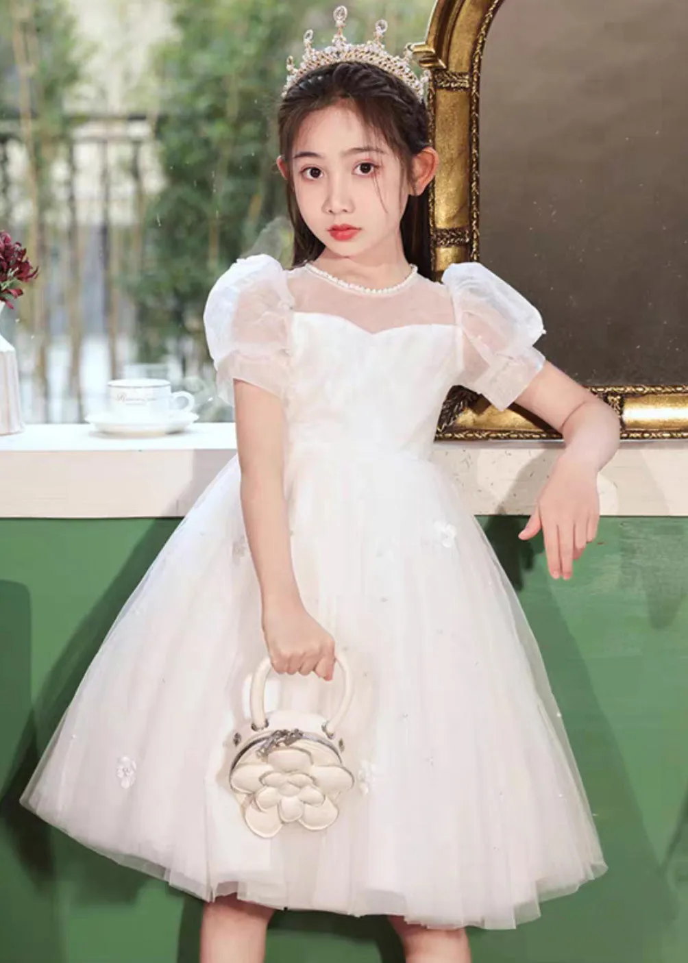 Cute White Embroideried Patchwork Tulle Girls Long Dresses Short Sleeve XZ027