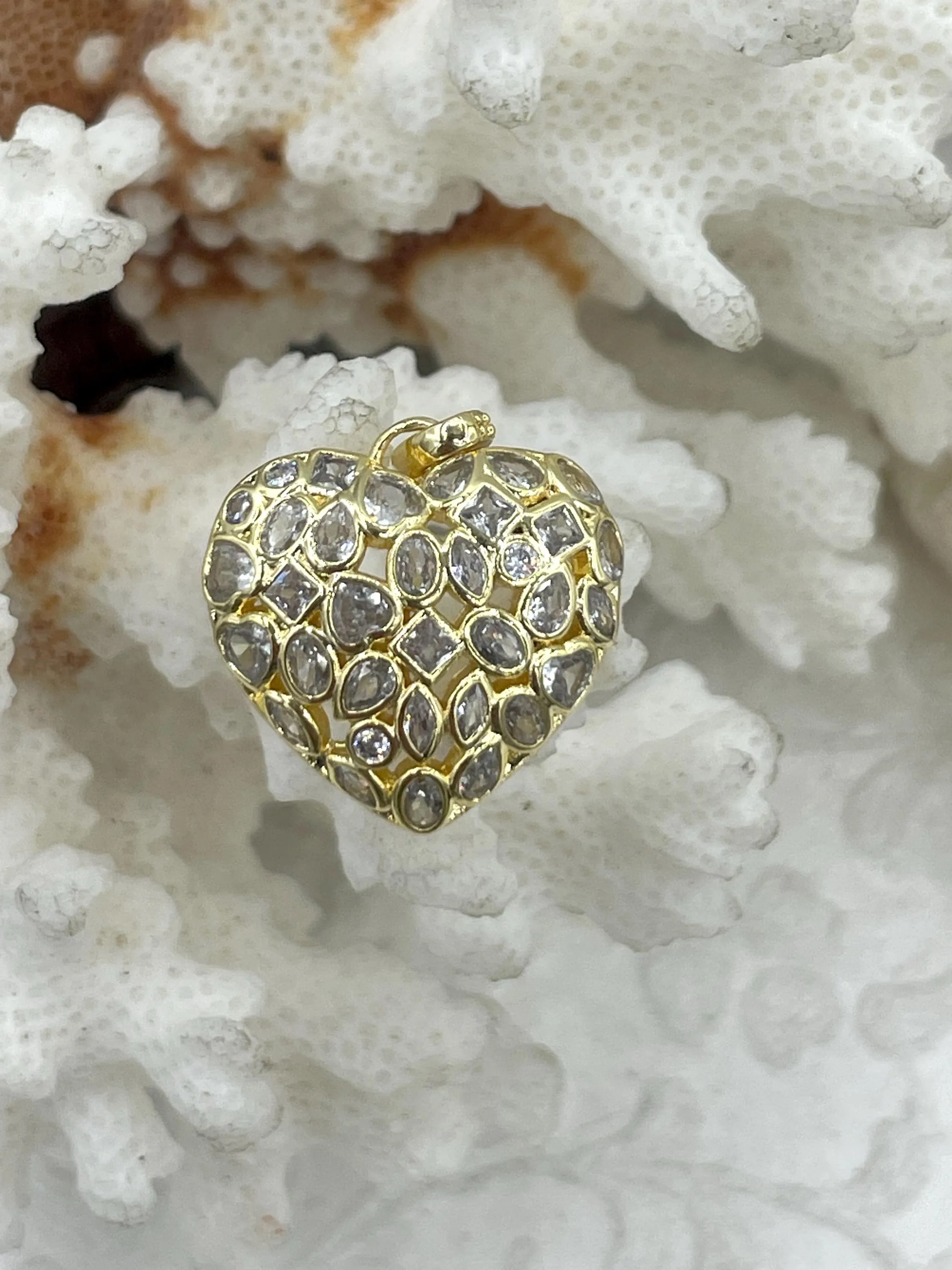 CZ Gold Micro PAVE Heart Charm Pendant BRASS, 2 Styles, Gold Plated Brass Heart Charms with Cubic Zirconia, Clear Cz, Fast Ship