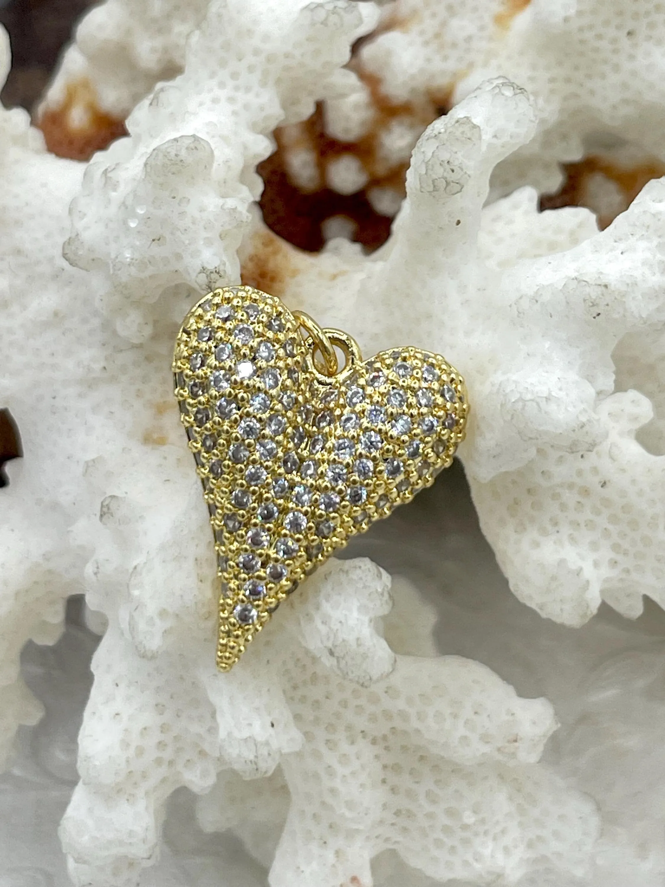 CZ Gold Micro PAVE Heart Charm Pendant BRASS, 2 Styles, Gold Plated Brass Heart Charms with Cubic Zirconia, Clear Cz, Fast Ship