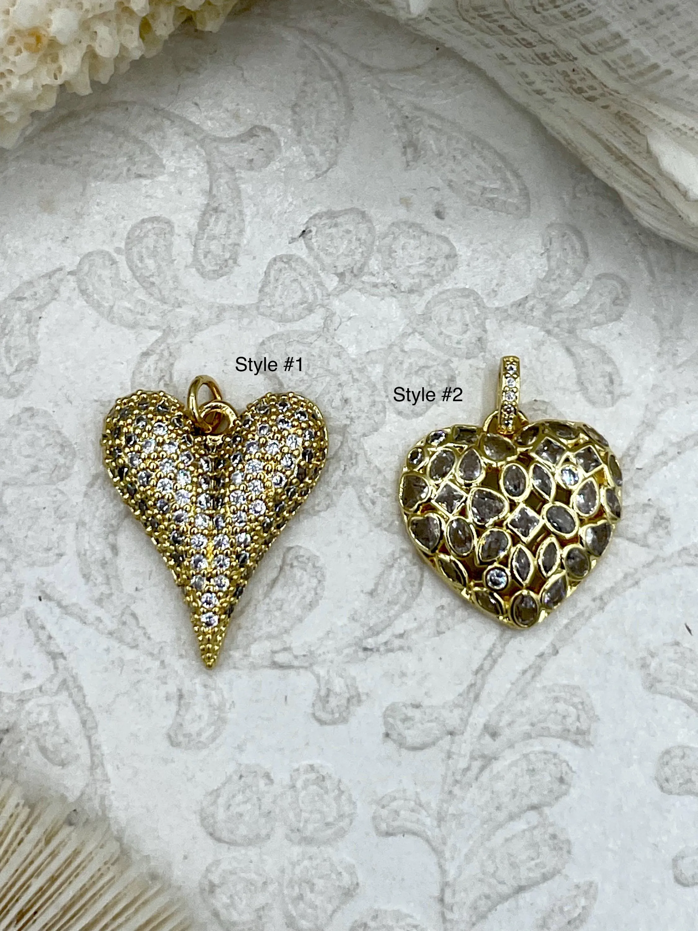 CZ Gold Micro PAVE Heart Charm Pendant BRASS, 2 Styles, Gold Plated Brass Heart Charms with Cubic Zirconia, Clear Cz, Fast Ship