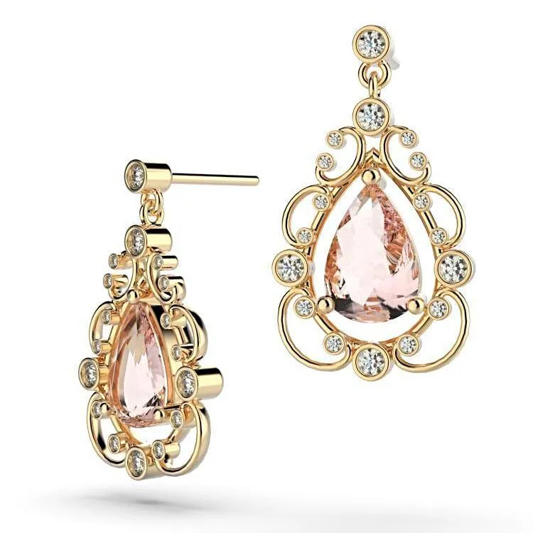 Diamond Morganite Drop Earrings 14K Rose Gold