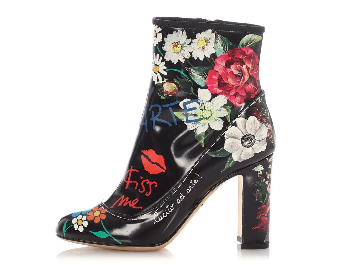 Dolce & Gabbana Black Floral Printed Ankle Boots