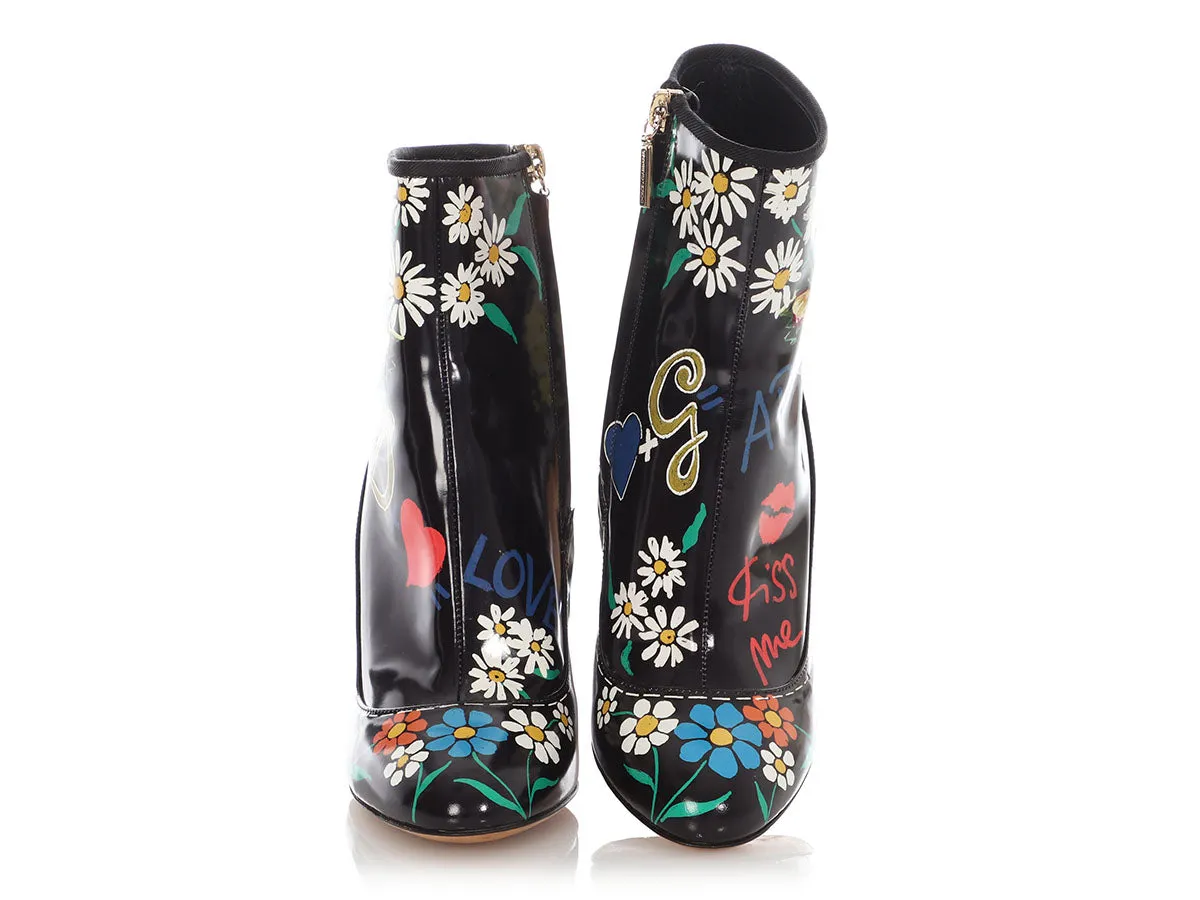 Dolce & Gabbana Black Floral Printed Ankle Boots