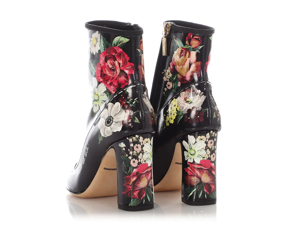 Dolce & Gabbana Black Floral Printed Ankle Boots