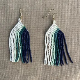 Dolly Stripe Beaded Fringe Earrings, Teal