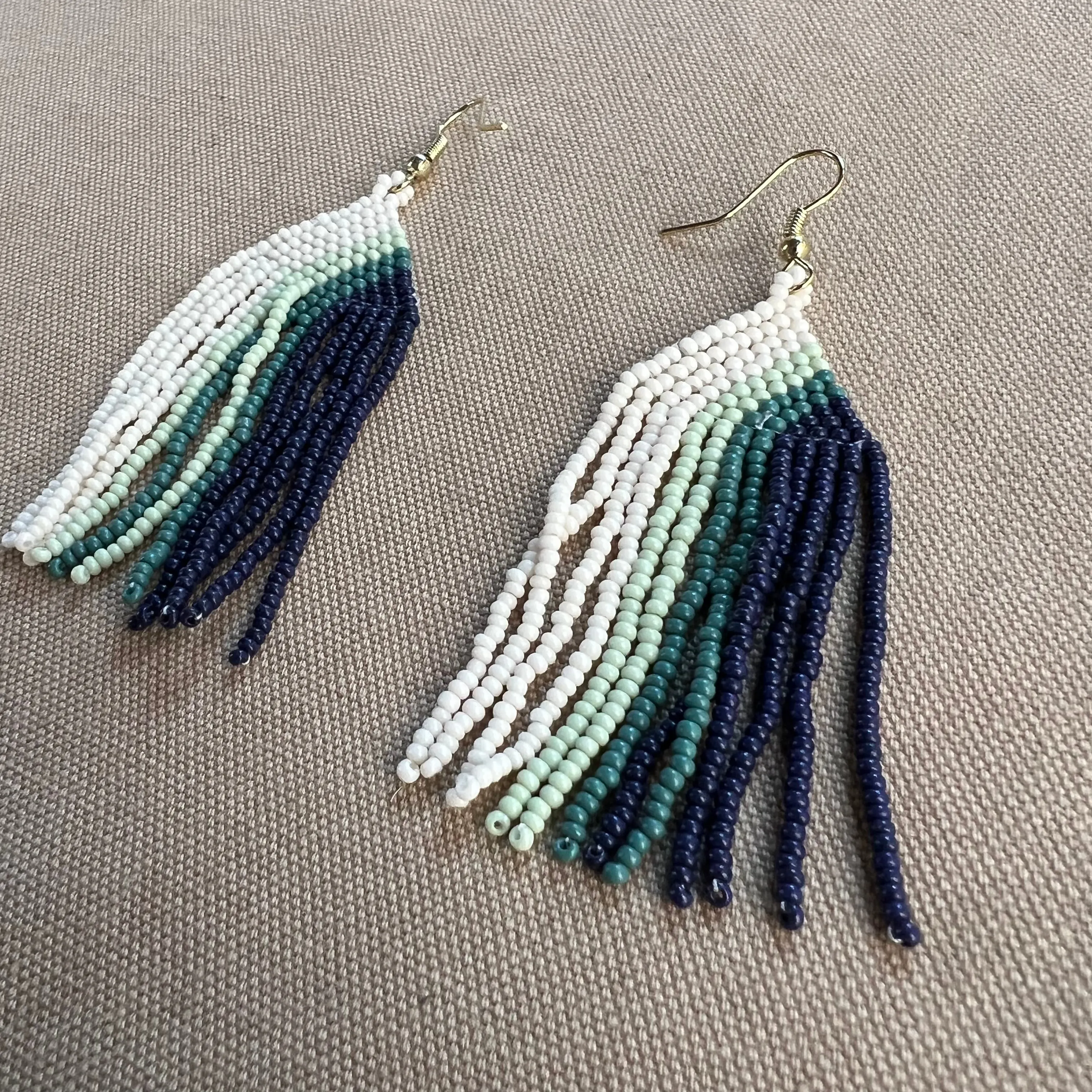 Dolly Stripe Beaded Fringe Earrings, Teal