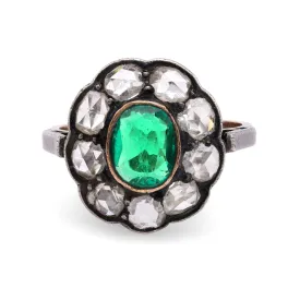 Edwardian Emerald Diamond 14K Yellow Gold and Silver Cluster Ring