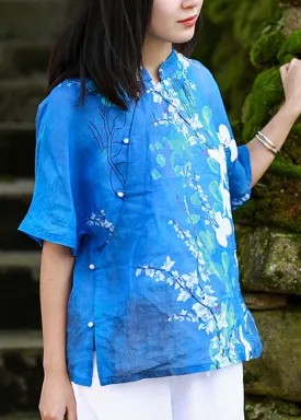 Elegant Blue Stand Collar Print Side Open Shirt Short Sleeve VB1024