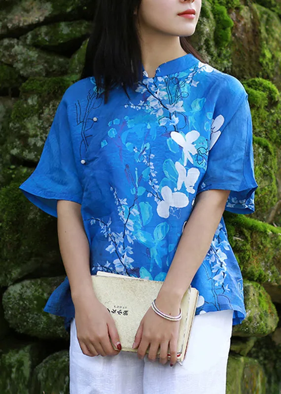 Elegant Blue Stand Collar Print Side Open Shirt Short Sleeve VB1024