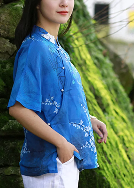 Elegant Blue Stand Collar Print Side Open Shirt Short Sleeve VB1024