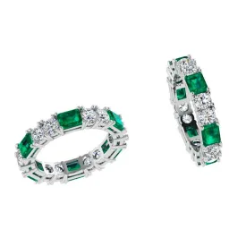 Emerald and Diamond Eternity Ring Band 18K White Gold