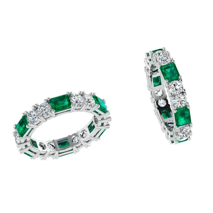 Emerald and Diamond Eternity Ring Band 18K White Gold