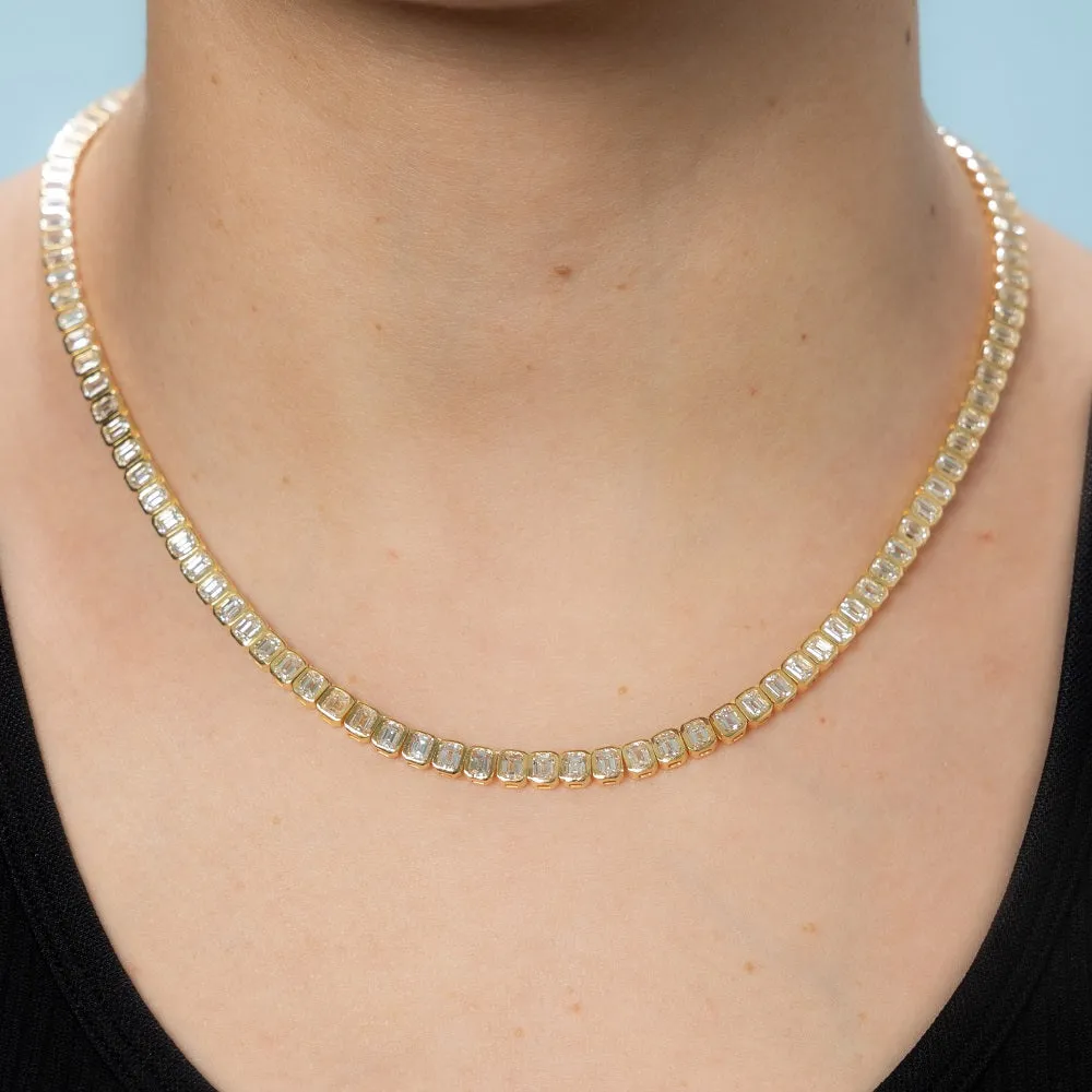 Emerald Cut Diamond Tennis Necklace (13.60 ct.) Bezel Set in 18K Gold