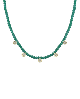 Emerald Gemstone & Five diamonds Necklace - 14K Yellow Gold