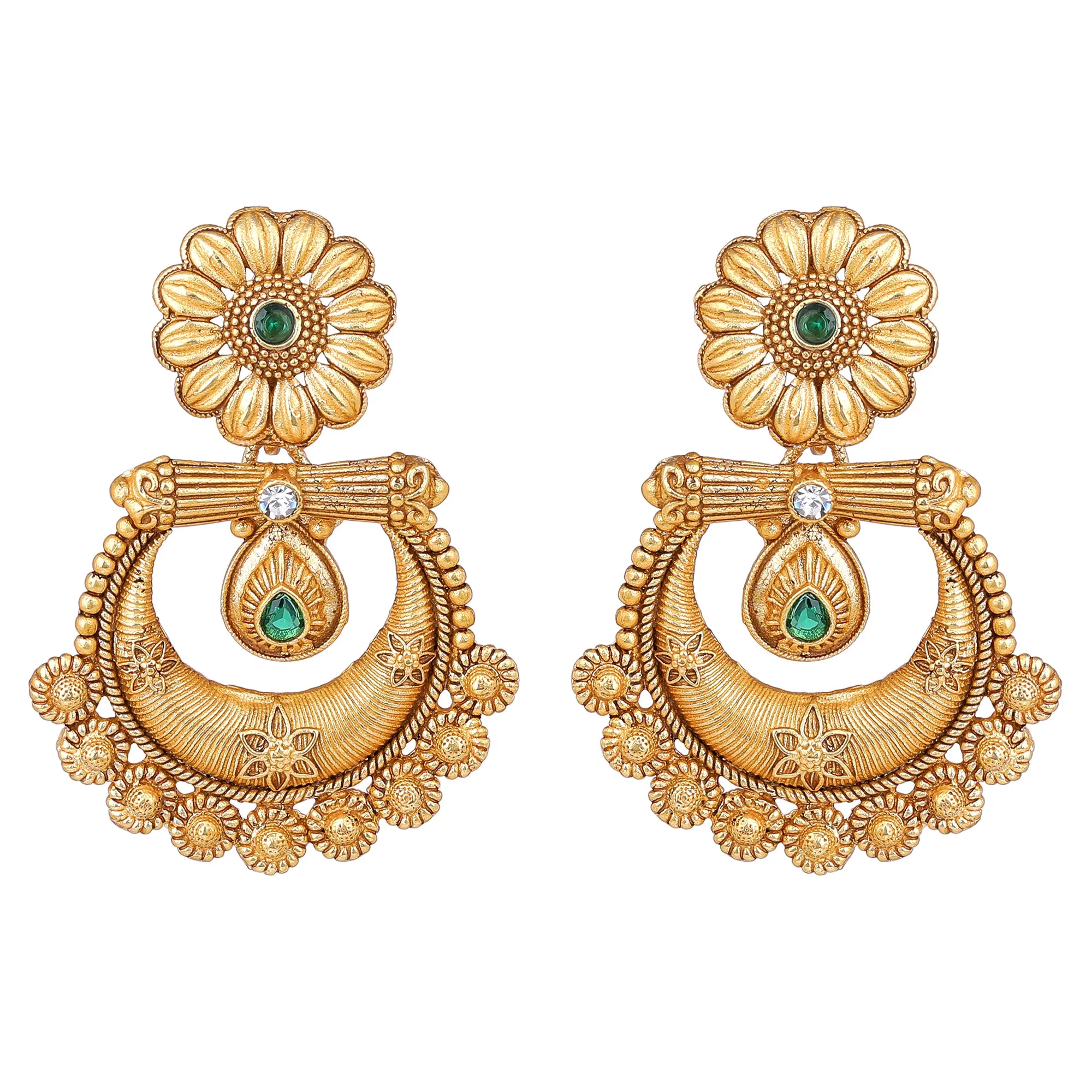 Estele Gold Plated Beautiful Matt Finish Drop Earrings with Green Crystals for Women