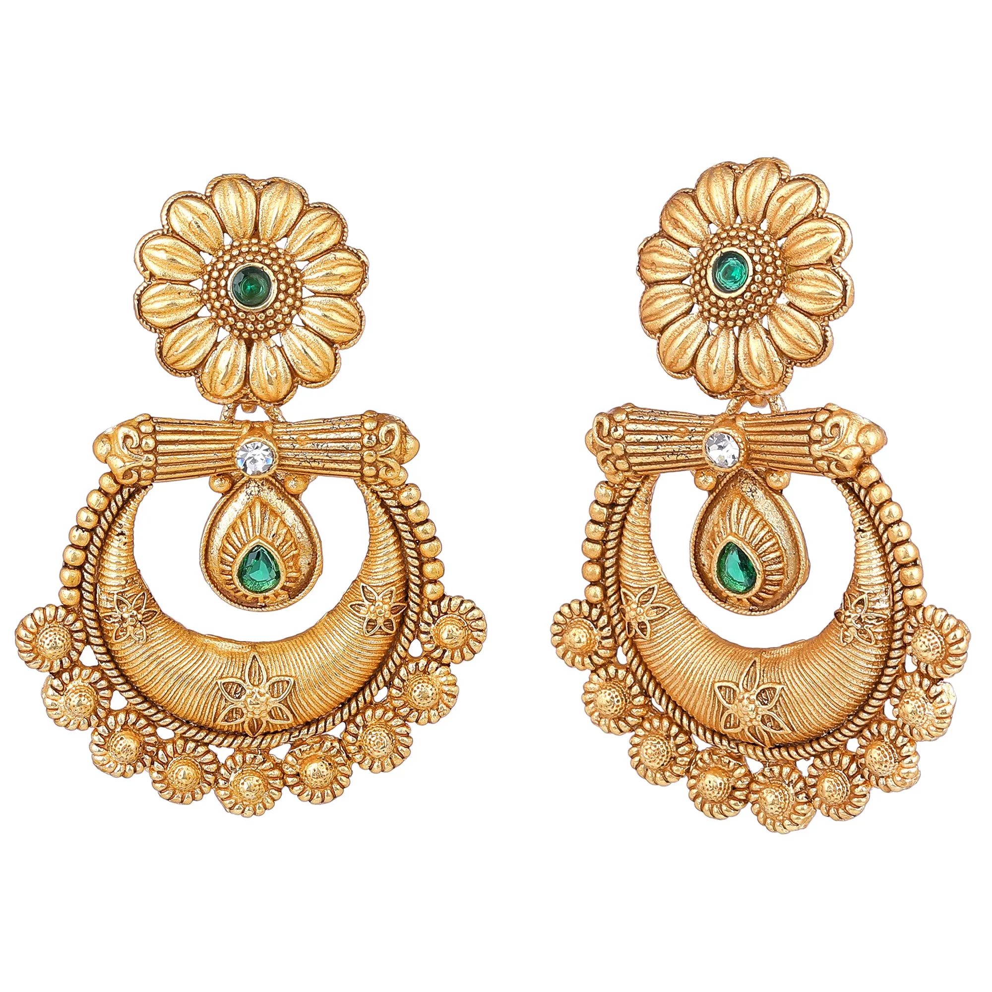 Estele Gold Plated Beautiful Matt Finish Drop Earrings with Green Crystals for Women