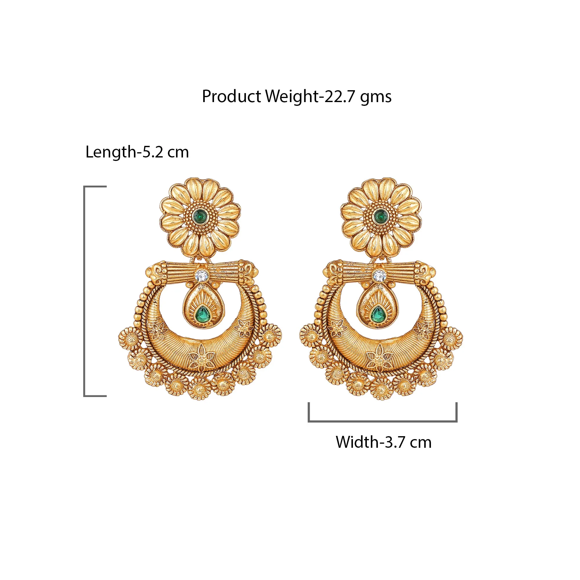 Estele Gold Plated Beautiful Matt Finish Drop Earrings with Green Crystals for Women