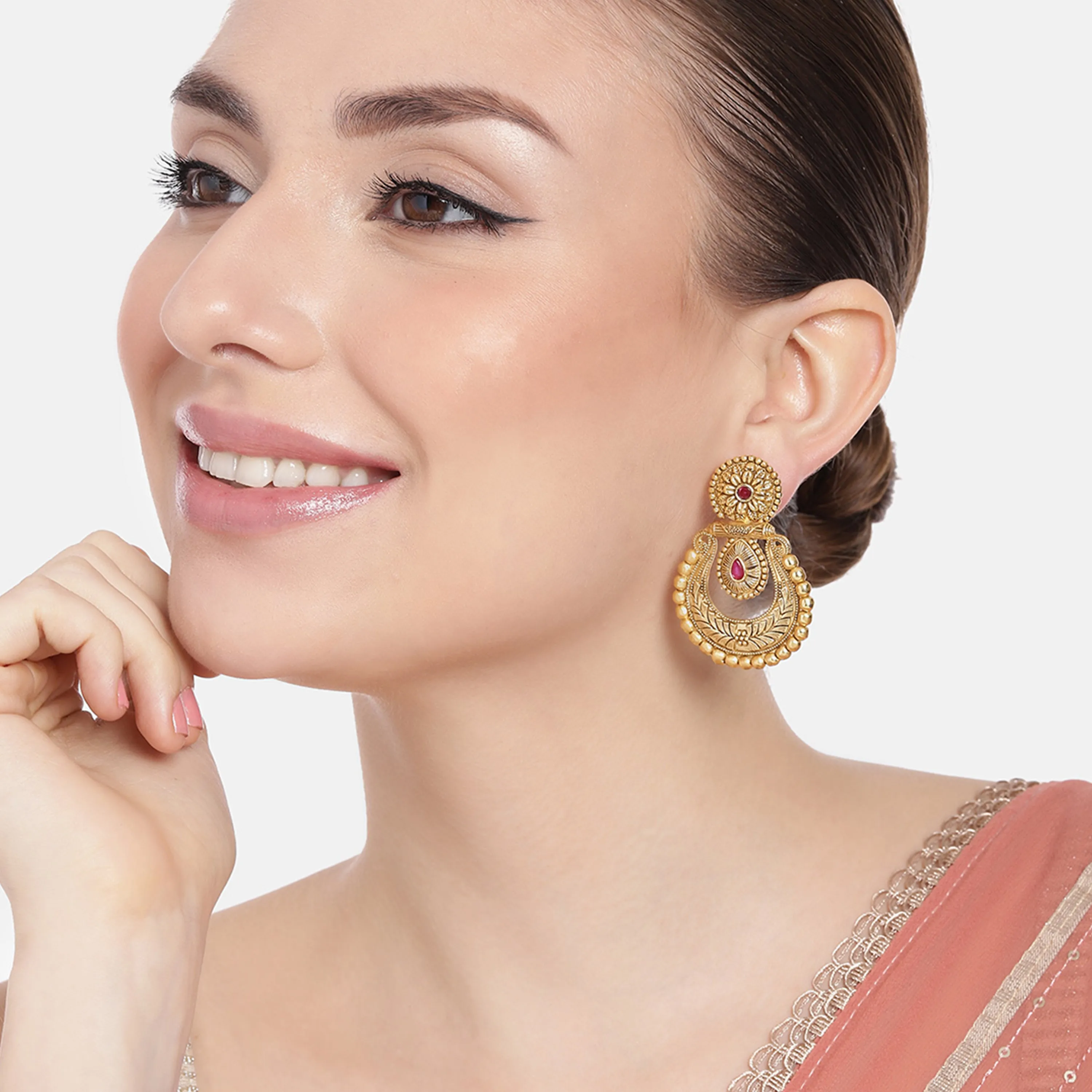 Estele Gold Plated Beautiful Matt Finish Drop Earrings with Ruby Crystals for Women