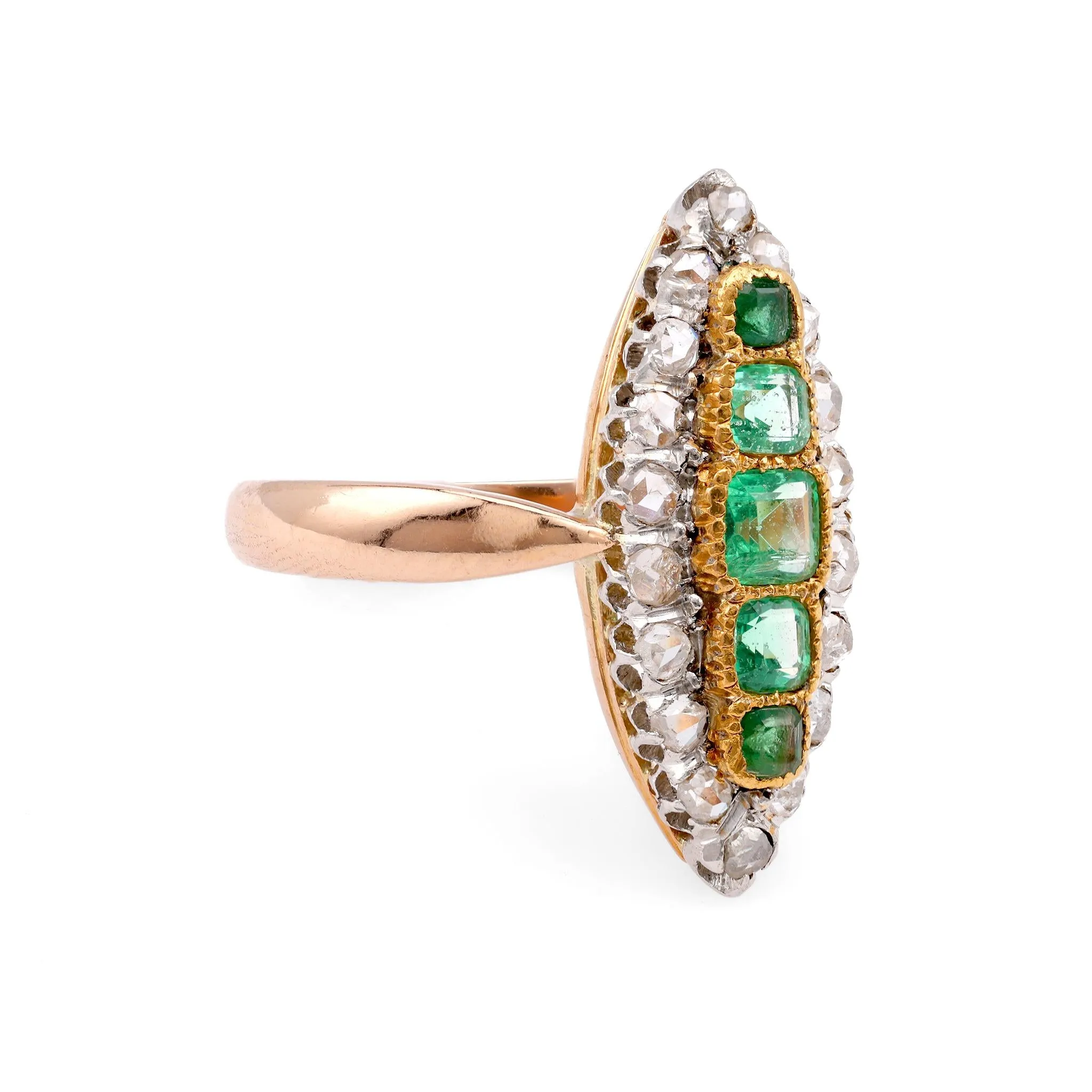 European Art Deco Emerald Diamond Yellow Gold and Platinum Navette Ring