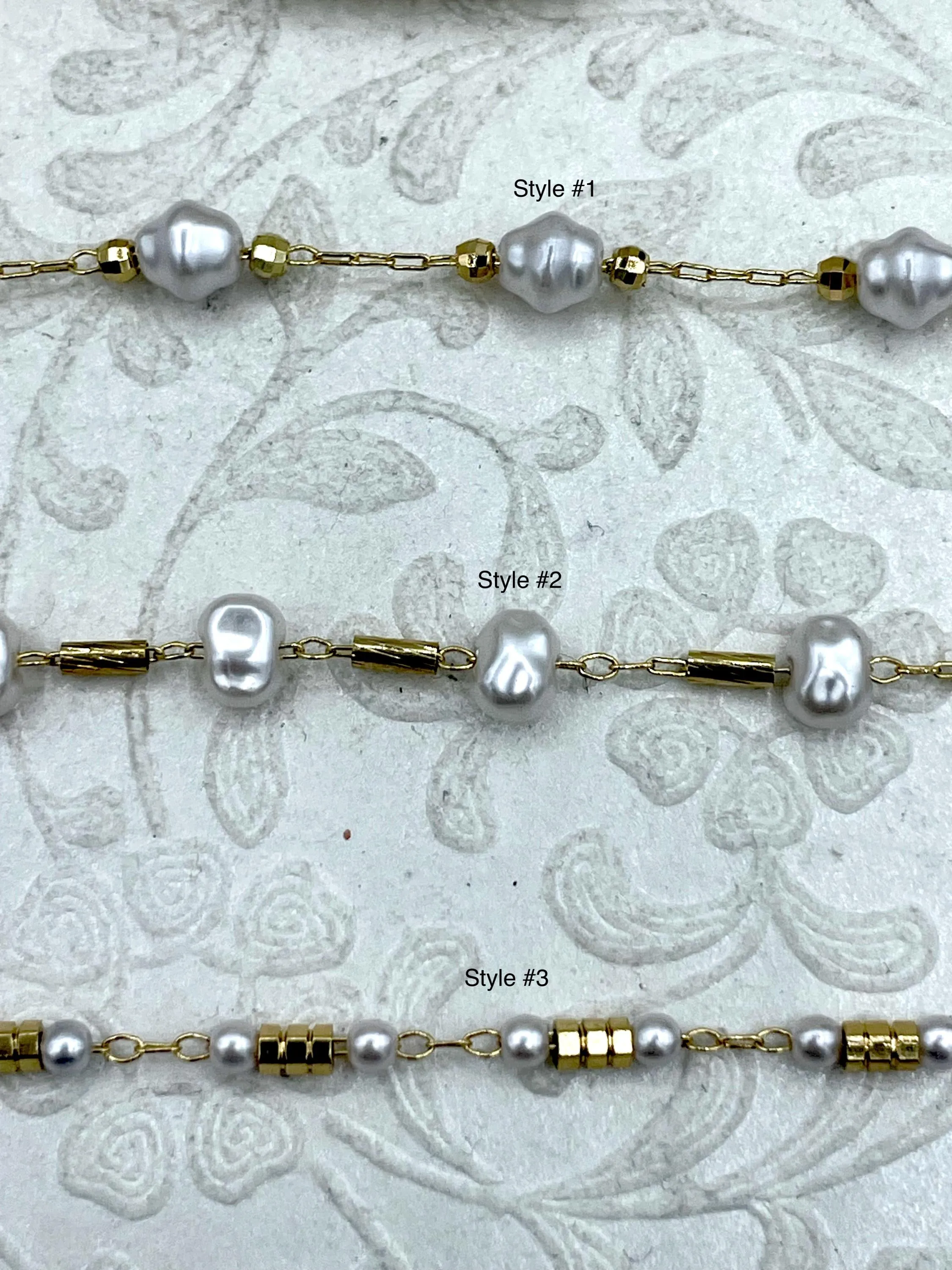 Faux Pearl Beaded Rosary Chain, White Pearls with Gold Caps and Wire, 3 Styles, Gold Plated Brass Wire, Sold by the foot, Fast Ship