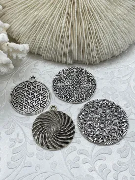 Flat Round Filigree Stamped Metal Pendant Medallion Pendant,  4 styles, 42mm, 39mm, 34mm, 21mm Antique Silver . Fast Ship