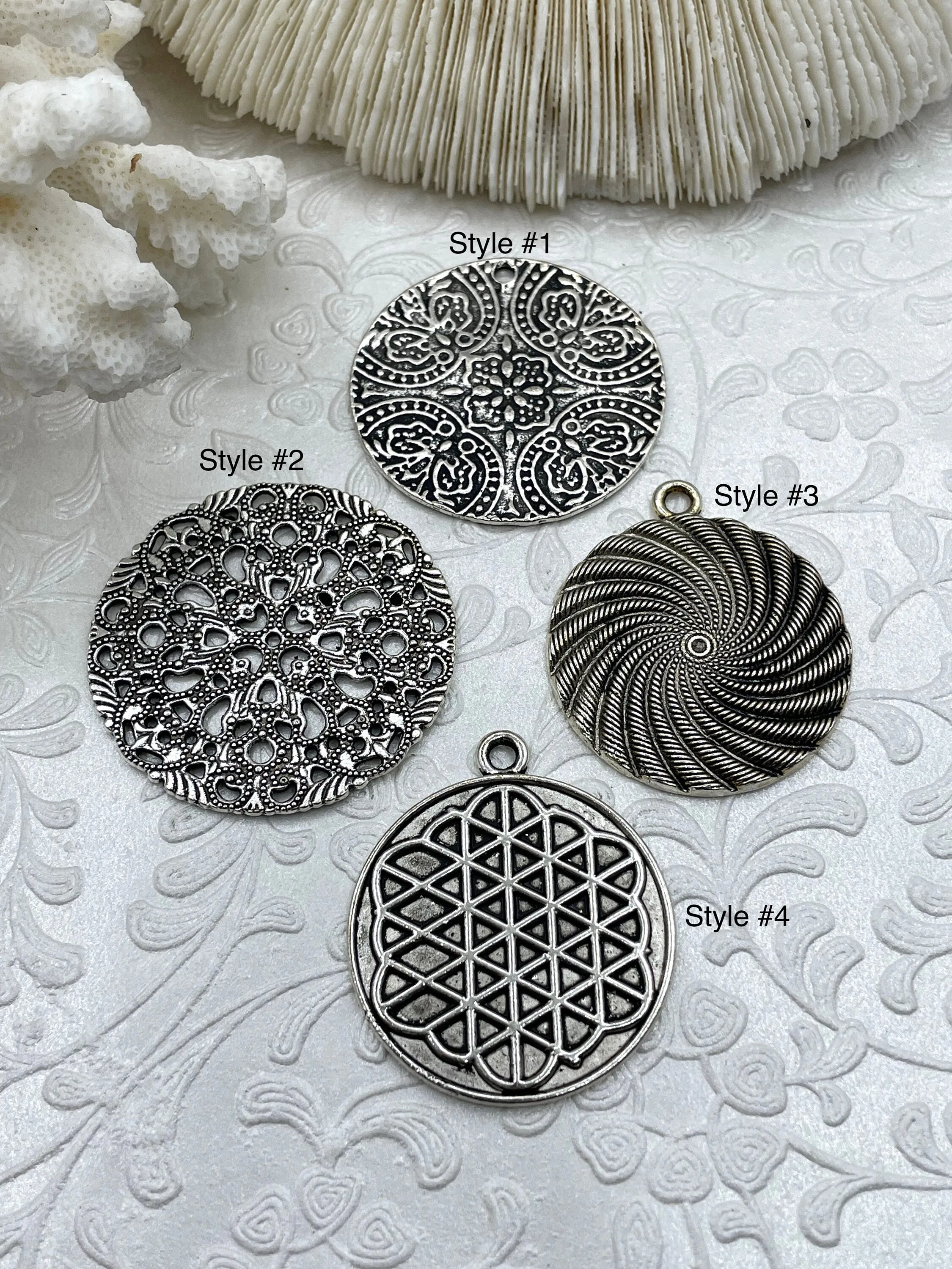 Flat Round Filigree Stamped Metal Pendant Medallion Pendant,  4 styles, 42mm, 39mm, 34mm, 21mm Antique Silver . Fast Ship