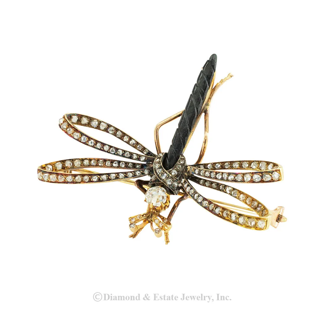 French Victorian Diamond Gold Dragonfly Brooch