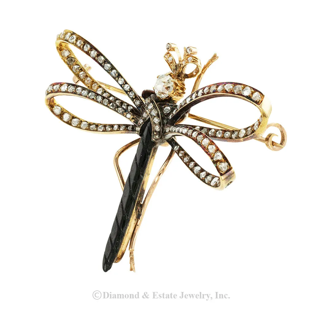 French Victorian Diamond Gold Dragonfly Brooch