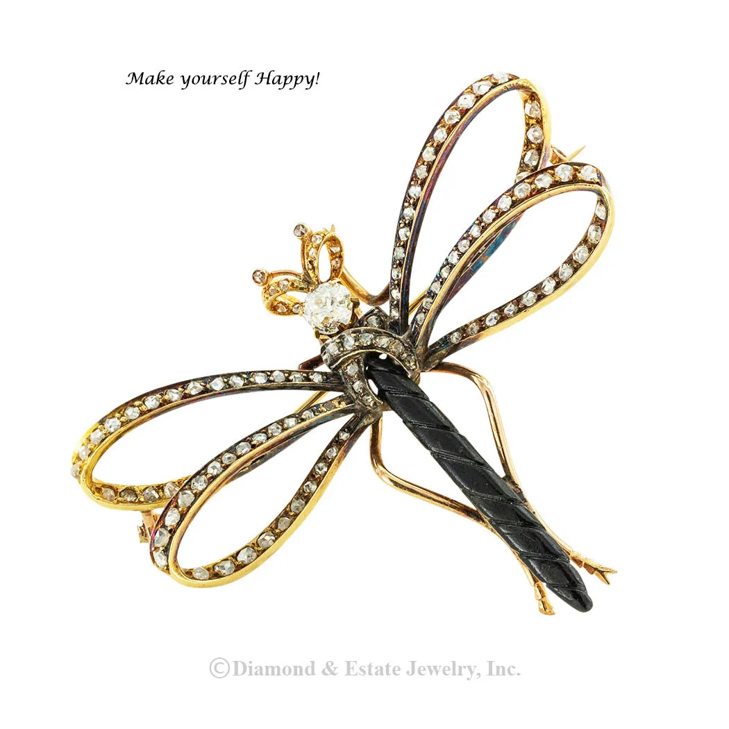 French Victorian Diamond Gold Dragonfly Brooch