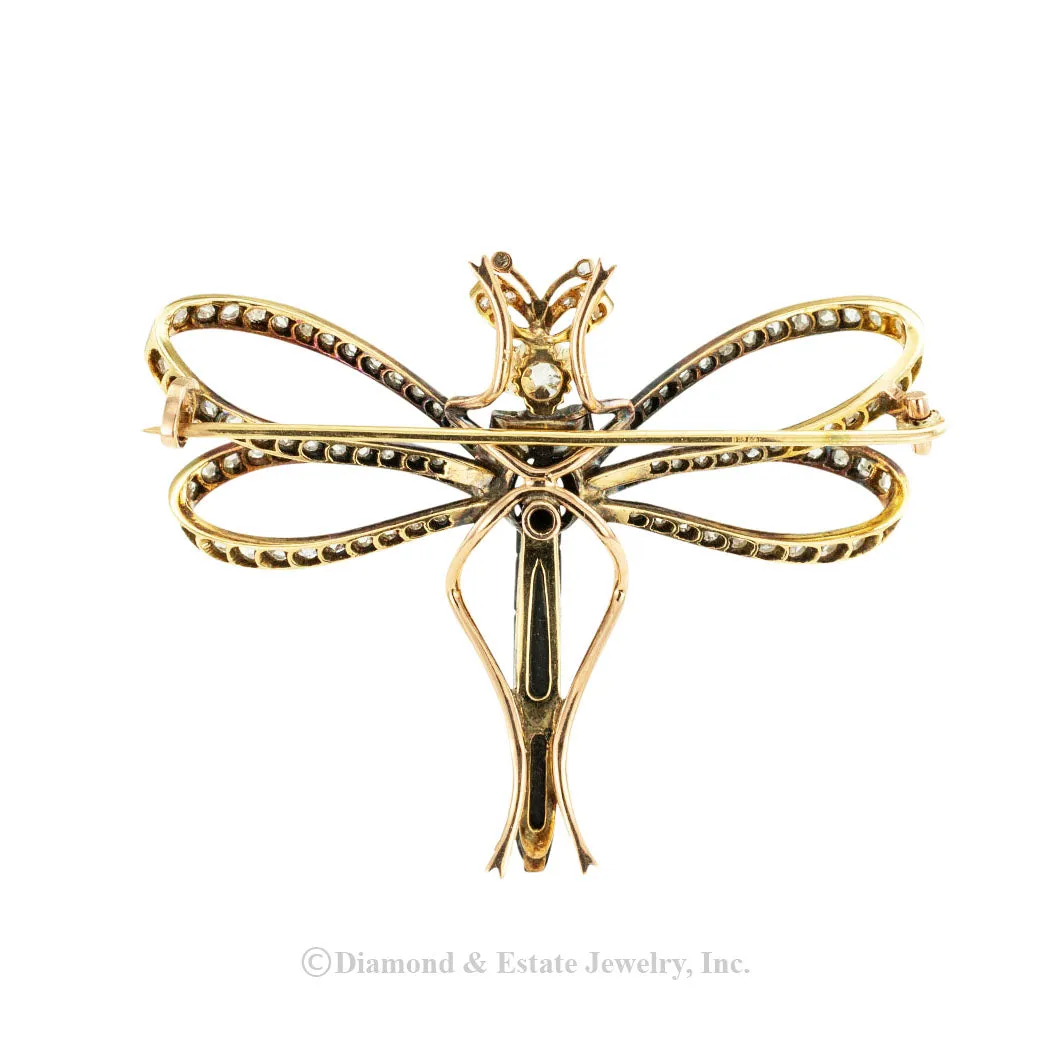 French Victorian Diamond Gold Dragonfly Brooch