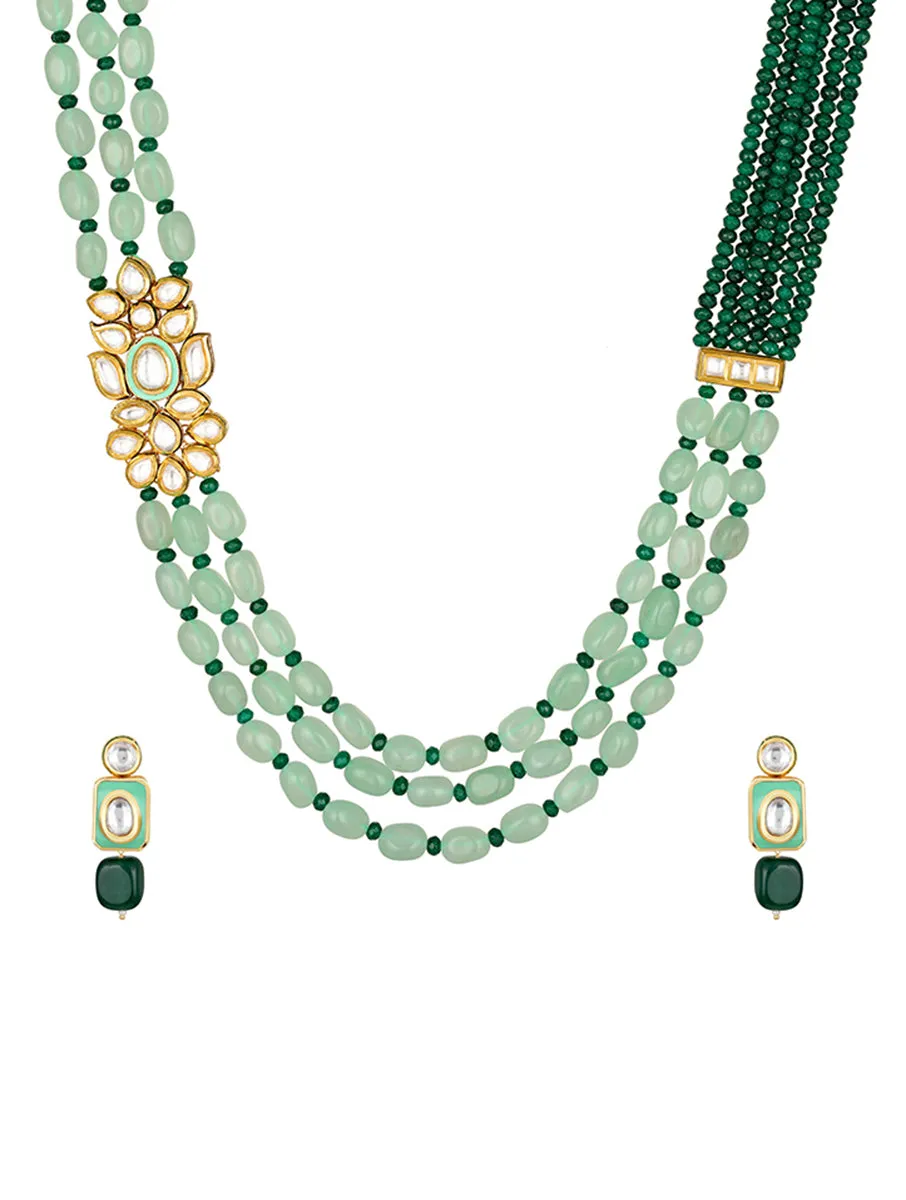 Golden, Mint Green, Dark Green Agates, Hand -Paint Meena Necklace Set